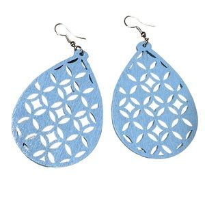 Boho Cutout Wood Teardrop Drop Style Sky Blue Earrings